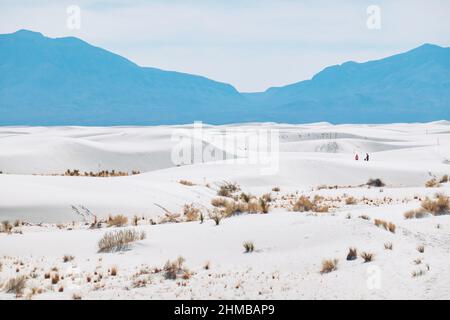 Des figures lointaines dans les vastes dunes blanches du parc national de White Sands, Nouveau-Mexique, États-Unis Banque D'Images