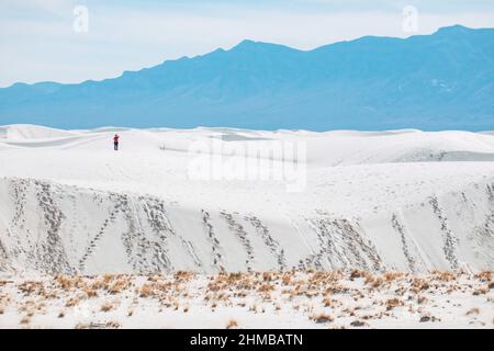 Des figures lointaines dans les vastes dunes blanches du parc national de White Sands, Nouveau-Mexique, États-Unis Banque D'Images