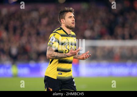 Londres, Royaume-Uni. 08th févr. 2022. KIKO Femenia de Watford regarde. Match de la Premier League, West Ham Utd v Watford au stade de Londres, parc olympique Queen Elizabeth à Londres, le mardi 8th février 2022. Cette image ne peut être utilisée qu'à des fins éditoriales. Utilisation éditoriale uniquement, licence requise pour une utilisation commerciale. Aucune utilisation dans les Paris, les jeux ou les publications d'un seul club/ligue/joueur. photo par Steffan Bowen/Andrew Orchard sports photographie/Alay Live news crédit: Andrew Orchard sports photographie/Alay Live News Banque D'Images