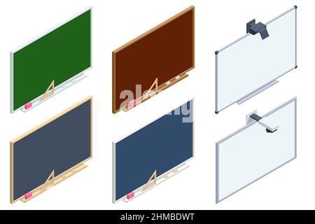 Tableaux de craie réalistes isométriques isolés sur fond blanc. Tableau noir et vert vierge réaliste avec cadre en bois Illustration de Vecteur