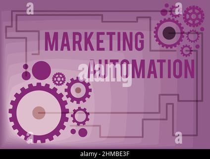 Affichage conceptuel automatisation du marketing. Business Showcase logiciel utilisé par l'entreprise pour cibler efficacement le client Illustration des engins mécaniques Banque D'Images