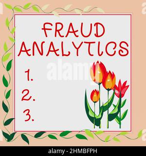 Analyse de fraude de texte d'écriture manuscrite. Mot écrit sur l'identification de la fraude réelle ou prévue à avoir lieu cadre décoré avec des fleurs colorées et Banque D'Images