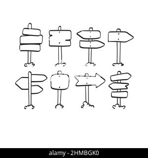 jeu de panneaux de signalisation en bois avec espace vierge illustration vecteur dessiné à la main isolé sur fond blanc dessin de ligne art. Illustration de Vecteur