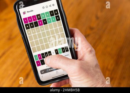 Brandon, MS - 8 février 2022: Mains jouant Nerdle jeu au téléphone. Banque D'Images