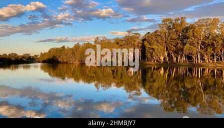 Le ciel et les nuages spectaculaires de la fin de l'après-midi se reflètent de façon spectaculaire avec les gommiers le long de la rive sur la Murray River en Australie, près de Mildura Banque D'Images