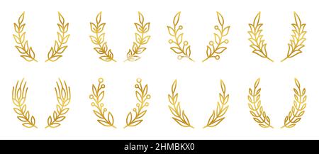 Ensemble couronne branche or. Etiquetez l'élément gerb héraldique. Signe du prix de la réussite. Cercle d'épillet Laurel. Kit de ligne gagnant d'objet à feuilles naturelles. Succès de la récompense Plant Pattern. Cadre en forme de rond de badge vintage Illustration de Vecteur