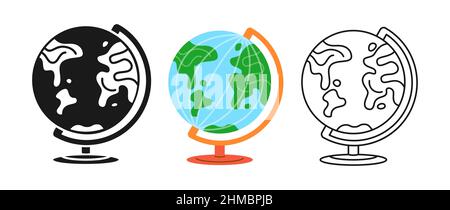 Ensemble de dessins animés représentant une icône représentant un globe terrestre. Signe de la terre, symbole ou timbre d'apprentissage de la rentrée des classes. Objet concept étudiant éducation. Étudiez le vecteur clipart de la géographie du sujet de l'équipement Illustration de Vecteur