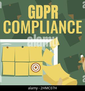 Affiche indiquant la conformité du RGPD. Concept signification protection et vie privée de l'Union européenne montrant toile de fond présenter Sticky Notes écriture mains Banque D'Images
