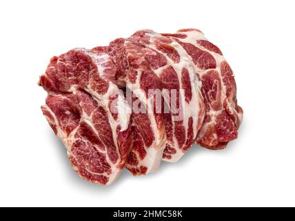 Coupes brutes de viande de porc sur fond blanc. Agneau de bœuf frais cru. Boucherie, marché, boutique. Côtelettes de porc crues. Vue de dessus des steaks de porc crus de suite Banque D'Images