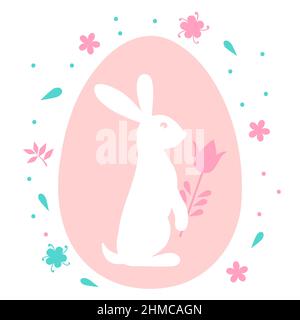 Lapin blanc sur l'oeuf de Pâques et les petites fleurs, feuilles autour de ceci. Lapin tenant la fleur dans ses pattes. Illustration vectorielle. Illustration de Vecteur