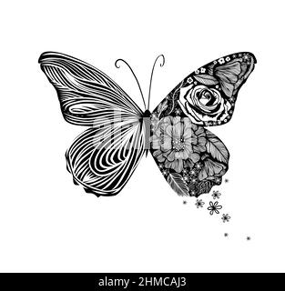 Papillon monochrome à partir de motifs. Illustration vectorielle à motifs pour tatouages, affiches ou imprimés. Esquisse dessinée à la main. Collection d'insectes. Illustration de Vecteur