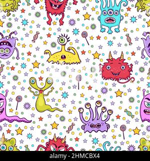 Joli motif monstre sans couture, imprimé personnages de dessin animé amusant, tissu, motif textile. Joyeuse et colorée, diverses créatures féeriques sur fond blanc wi Illustration de Vecteur