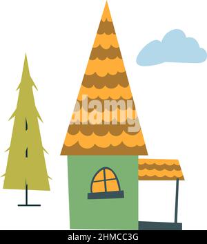 Maison de campagne, maison construite en forêt ou bois. Architecture et paysage rustiques isolés, nature et construction avec un design simple. Pré a Illustration de Vecteur