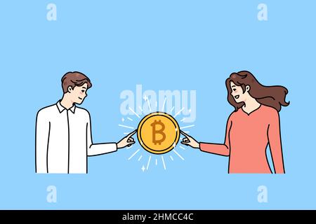 Un homme heureux et une femme touchent le bitcoin gagner de l'argent sur la bourse. Diverses personnes impliquées dans l'exploitation minière ou le commerce de crypto-monnaies. Revenu passif, or virtuel. Illustration vectorielle. Illustration de Vecteur