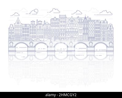 Maisons de style ancien d'Amsterdam.Maisons typiques des canaux hollandais bordées près d'un canal aux pays-Bas.Bâtiment et façades sur le pont.Contour vectoriel Illustration de Vecteur