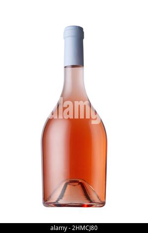 vue de face de la maquette de bouteille de vin de rose de forme ronde avec capuchon bleu clair et aucune étiquette isolée sur fond blanc Banque D'Images