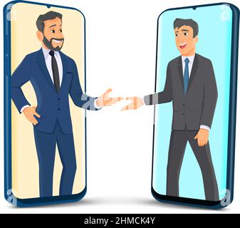 Les hommes d'affaires utilisent l'accueil de la vidéo conférence. Les utilisateurs sur l'écran d'un smartphone prennent des prises de vue avec leurs collègues. Illustration de Vecteur