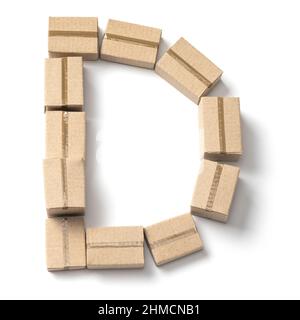 Lettre D. Alphabet des boîtes en carton pour livraison isolées sur fond blanc. Banque D'Images