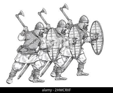 Attaque Vikings. Guerrier normand au combat. Illustration chevalier médiéval. Banque D'Images