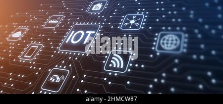 Technologie IoT Internet des objets avec appareils connectés qui échangent des données sur le réseau. Illustration avec connexions sur la carte électronique. Moteur Banque D'Images
