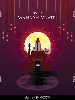 Maha Shivratri avec Shivling, Lingam, Lune, ciel nocturne, silhouette, Himalaya et Mandala. Modèle de création de bannière d'affiche du Festival hindou traditionnel Illustration de Vecteur