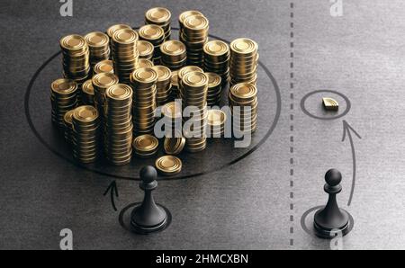 Deux pions et pièces de monnaie symboliques dorées sur fond noir. Notion d'inégalité économique ou de revenu et d'écart économique entre riches et pauvres. 3D illustration Banque D'Images