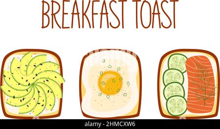 Ensemble de toasts pour le petit déjeuner avec différentes garnitures. Toasts à l'avocat, aux œufs, au saumon et au concombre. Illustration vectorielle Illustration de Vecteur