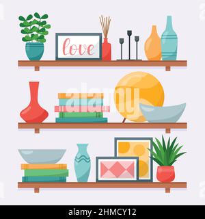 Étagères murales avec livres, vases, peintures, plantes de maison, chandeliers pour l'intérieur de salon, illustration vectorielle Illustration de Vecteur