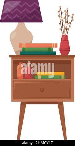 Table de chevet avec lampe, livres, vase avec fleurs séchées, crème pour les mains et le visage, illustration vectorielle Illustration de Vecteur