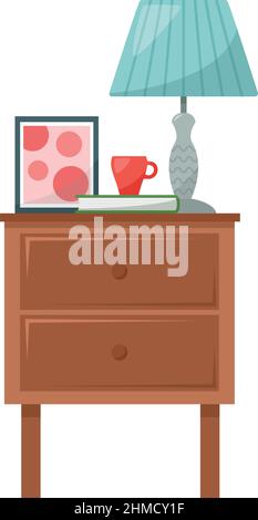 Table de chevet avec lampe, livre, mug, image, illustration vectorielle Illustration de Vecteur