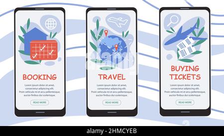 Personnages de dessin animé sur les écrans d'applications de smartphone, voyage mobile applications en ligne modèles d'interface ensemble de conception Illustration de Vecteur