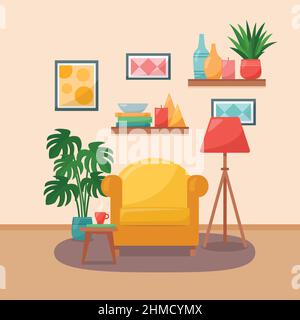 Intérieur du séjour. Fauteuil, table, étagères, images, lampadaire et plantes, illustration vectorielle Illustration de Vecteur
