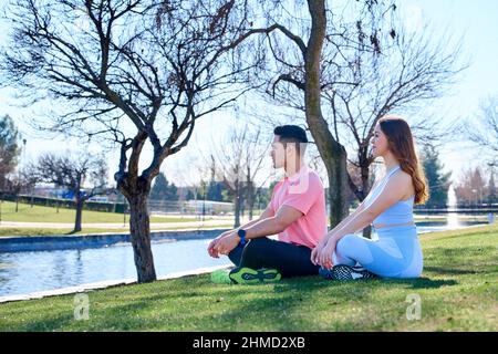 Jeune couple pratiquant le yoga dans un parc Banque D'Images