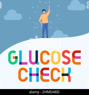 Légende conceptuelle glucose Check. Concept signification procédure qui mesure la quantité de sucre dans le sang homme dessin levant main Sky Standing Hill Banque D'Images