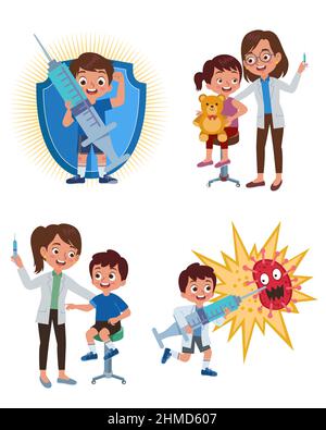 une collection d'illustrations de la vaccination d'un enfant et des avantages de la vaccination pour les enfants, dont l'une est contre le virus Illustration de Vecteur