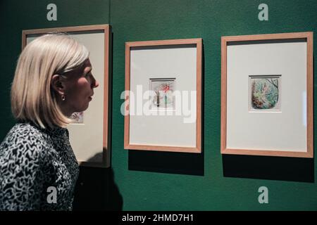 Londres, Royaume-Uni. 09th févr. 2022. Un membre du personnel examine deux des illustrations les plus populaires. Beatrix Potter : dessiné à la nature (en partenariat avec le National Trust) célèbre la vie et le travail de l'un des auteurs d'enfants les plus aimés du 20th siècle. L'exposition se déroule du 12 février 2022 au 8 janvier 2023 au V& A. Credit: Imagetraceur/Alamy Live News Banque D'Images