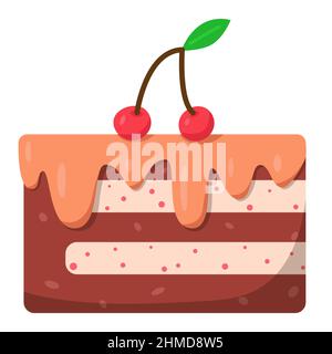 Tranche de gâteau avec crème et cerises. Illustration mignonne de style dessin animé plat. Carte de voeux à motif joyeux anniversaire. Gâteau à la vanille et au chocolat Illustration de Vecteur