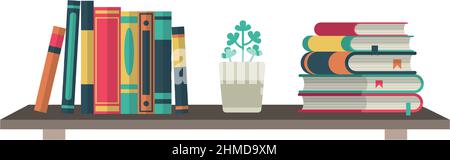 Livres et maison sur étagère. Librairie en bois Illustration de Vecteur