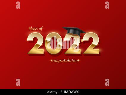 Classe de 2022 félicitations, illustration vectorielle de carte de vœux.bannière de remise des diplômes de 2022 ans avec numéro brillant or et chapeau de troisième cycle, réalisation de e Illustration de Vecteur