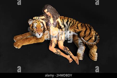 3D Illustration projet de Dame et les Tigres du Bengale pose sur fond noir avec un chemin de coupure. Banque D'Images