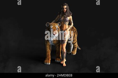 3D Illustration projet de Dame et les Tigres du Bengale pose sur fond noir avec un chemin de coupure. Banque D'Images