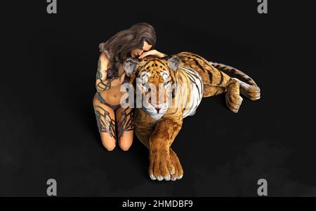 3D Illustration projet de Dame et les Tigres du Bengale pose sur fond noir avec un chemin de coupure. Banque D'Images