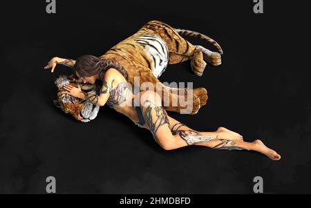 3D Illustration projet de Dame et les Tigres du Bengale pose sur fond noir avec un chemin de coupure. Banque D'Images