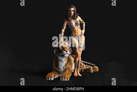 3D Illustration projet de Dame et les Tigres du Bengale pose sur fond noir avec un chemin de coupure. Banque D'Images