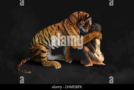 3D Illustration projet de Dame et les Tigres du Bengale pose sur fond noir avec un chemin de coupure. Banque D'Images