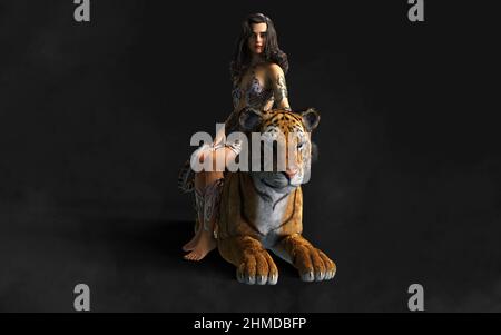 3D Illustration projet de Dame et les Tigres du Bengale pose sur fond noir avec un chemin de coupure. Banque D'Images