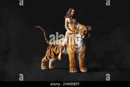 3D Illustration projet de Dame et les Tigres du Bengale pose sur fond noir avec un chemin de coupure. Banque D'Images