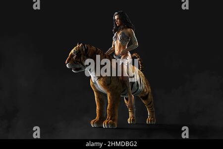 3D Illustration projet de Dame et les Tigres du Bengale pose sur fond noir avec un chemin de coupure. Banque D'Images