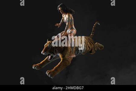 3D Illustration projet de Dame et les Tigres du Bengale pose sur fond noir avec un chemin de coupure. Banque D'Images