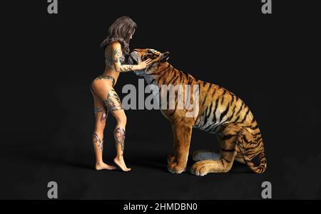 3D Illustration projet de Dame et les Tigres du Bengale pose sur fond noir avec un chemin de coupure. Banque D'Images
